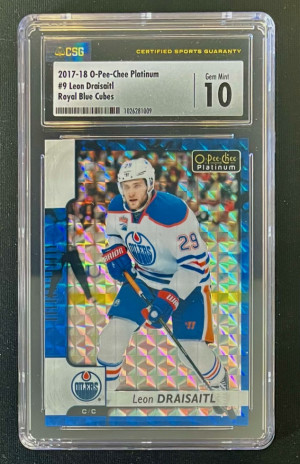 2017-18 O-Pee-Chee Platinum Leon Draisaitl Blue Cubes /75 CSG 10 front